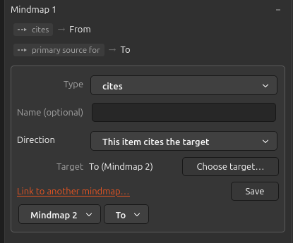 The add-link form with the two cross-mindmap dropdowns open below it, one naming Mindmap 2 and one naming the node To, and Target reading "To (Mindmap 2)"