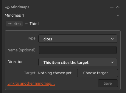The Mindmaps section in the item pane, showing the mindmap name, one existing link row, and the add-link form with Type, Name, Direction and Target fields