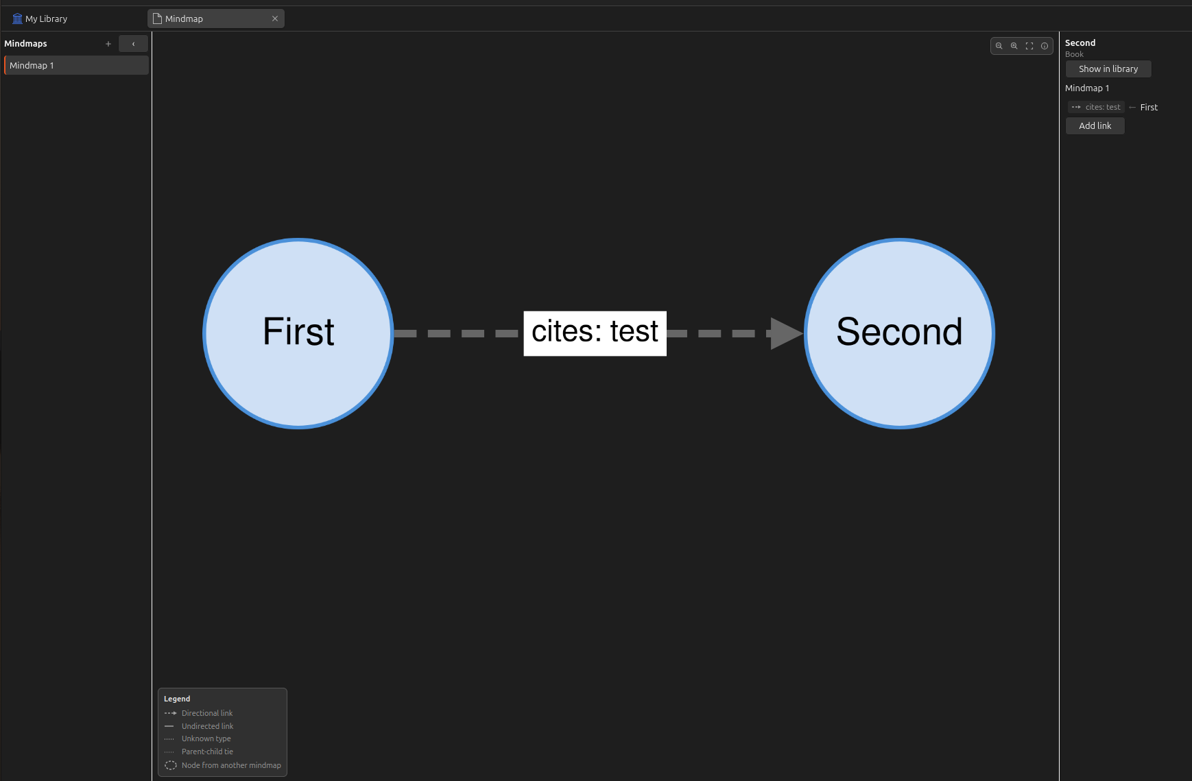 Two items on the canvas as labelled circles, joined by a dashed arrow reading "cites: test", with the mindmap list on the left and the node dock on the right