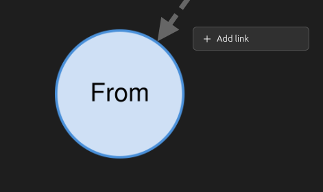 A node on the canvas with the one-entry "Add link" menu opened beside it