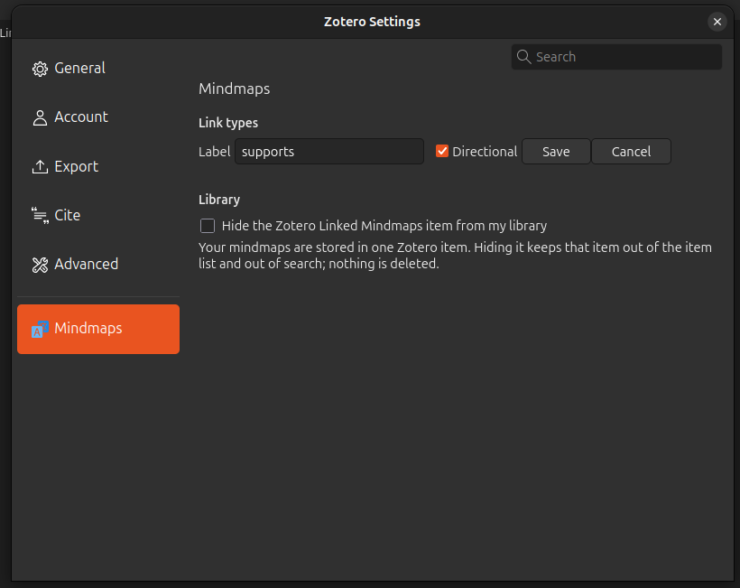 The link type editor open over the list, with the Label field reading "supports", the Directional checkbox ticked, and Save and Cancel beside them