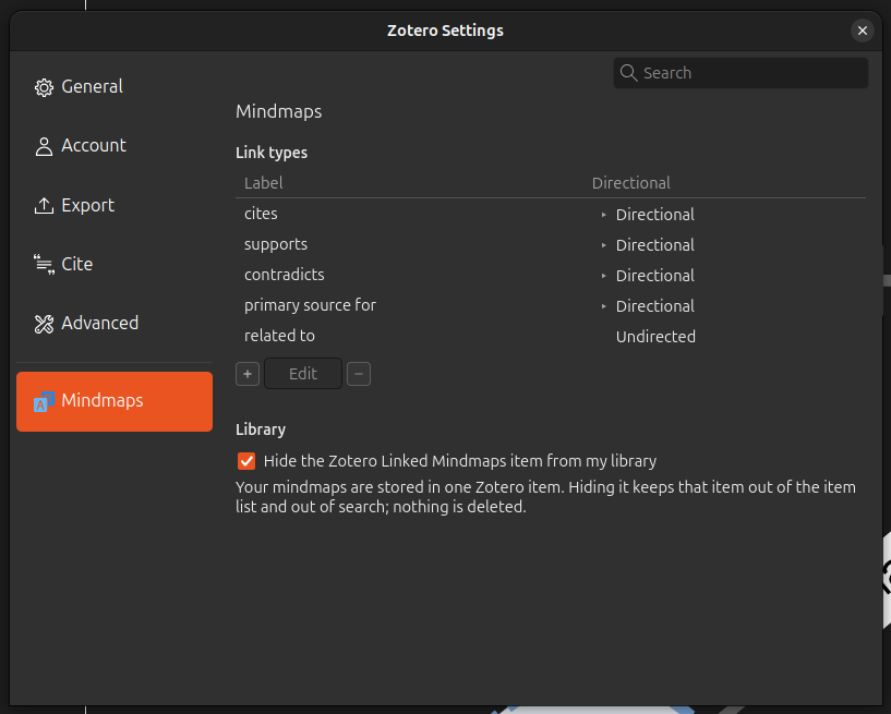 The Mindmaps pane in Zotero's settings, with the link type list headed Label and Directional, the add, edit and remove strip below it, and the Library group underneath